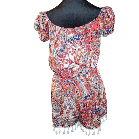 Women's Medium Red Blue Paisley Off Shoulder Shorts Romper Tassles - Picture 3 of 5